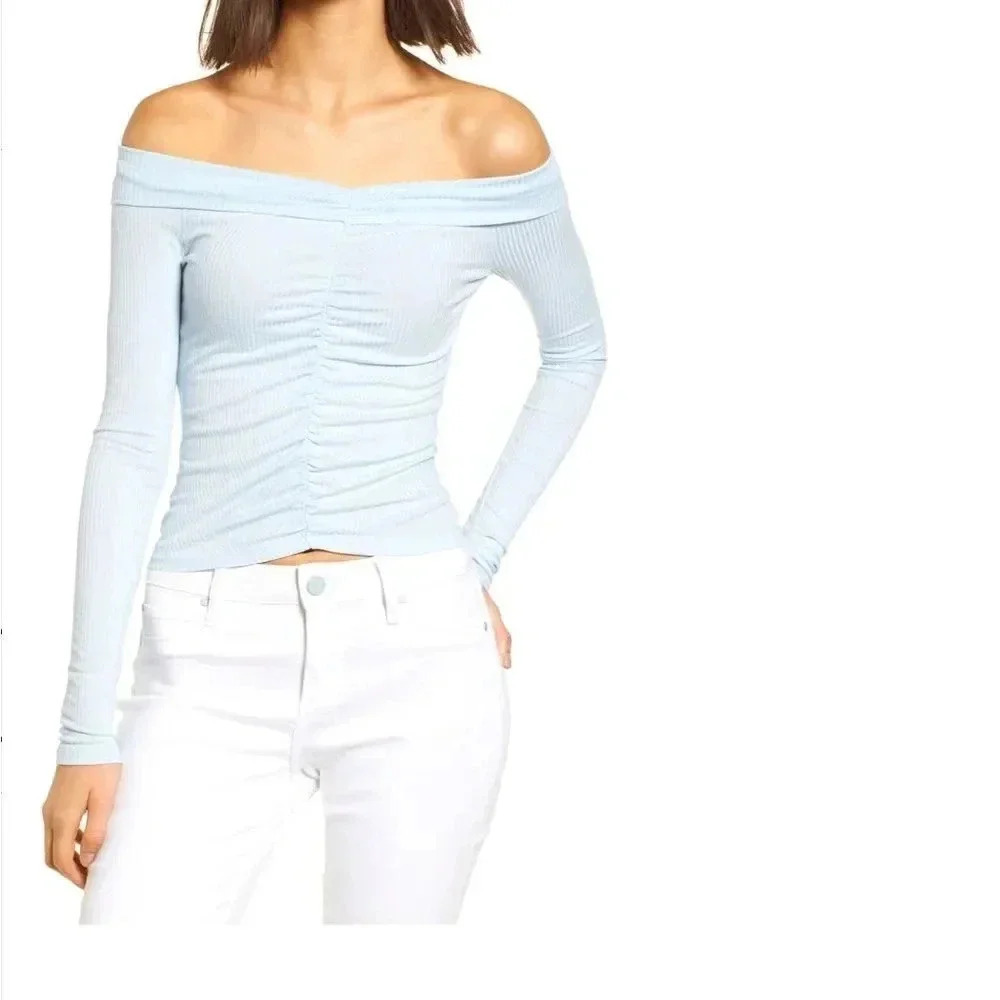 TEN SIXTY SHERMAN CINCHED OFF THE SHOULDER LONG SLEEVE TOP IN  POWDER BLUE M